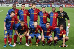 The Barcelona team pose for a photograph before the UEFA Champions League Final at the Olympic Stadium, Rome.