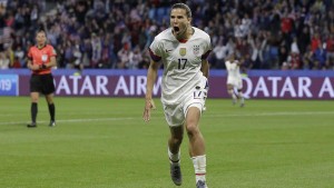United States' Tobin Heath celebrates after scoring her team's second goal during the Women's World Cup in Le Havre, France, Thursday.