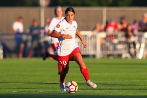 PISCATAWAY, NJ - JULY 07:  Chicago Red Stars forward Sam Kerr (20) controls the ball during the first half of the  National Womens Soccer League game between the Chicago Red Stars and Sky Blue FC on July 7, 2018 at Yurcak Field in Piscataway, NJ.  (Photo by Rich Graessle/Icon Sportswire via Getty Images)